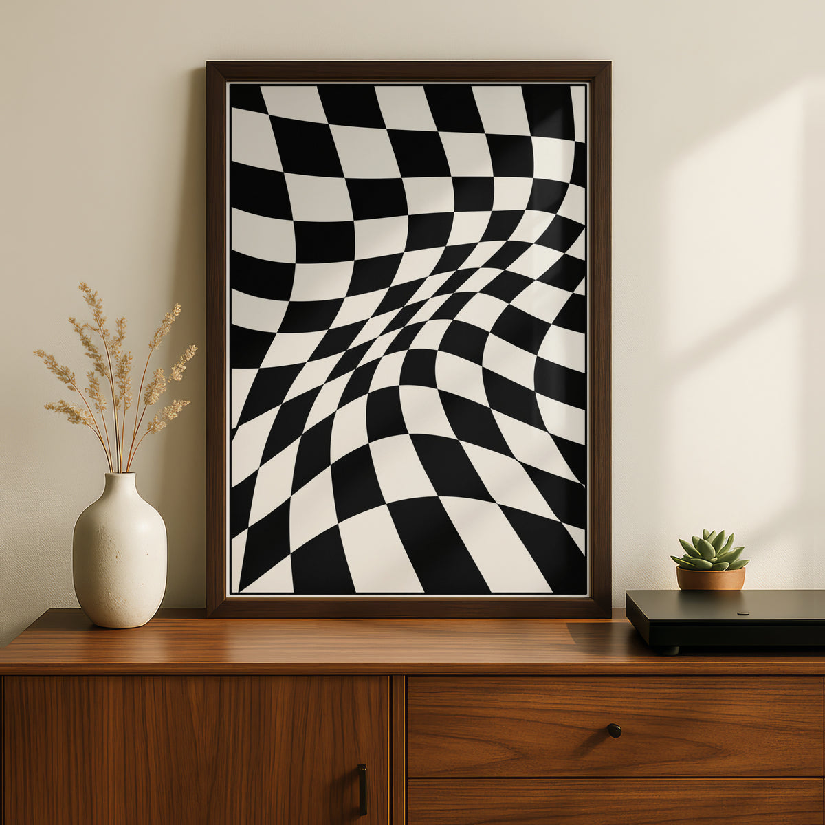 Warped Checkerboard Abstract Print, Monochrome Wall Art, Black and White Poster, Modern Decor