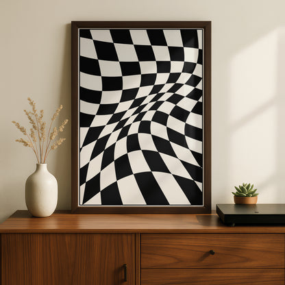 Warped Checkerboard Abstract Print, Monochrome Wall Art, Black and White Poster, Modern Decor
