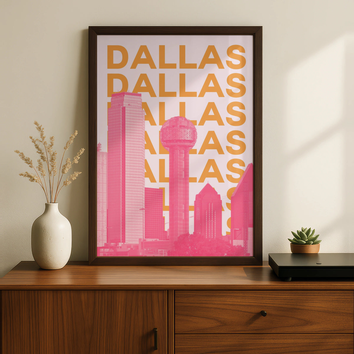 Dallas Travel Poster, Texas Skyline Wall Art, Retro City Print, Pink Orange Modern Decor