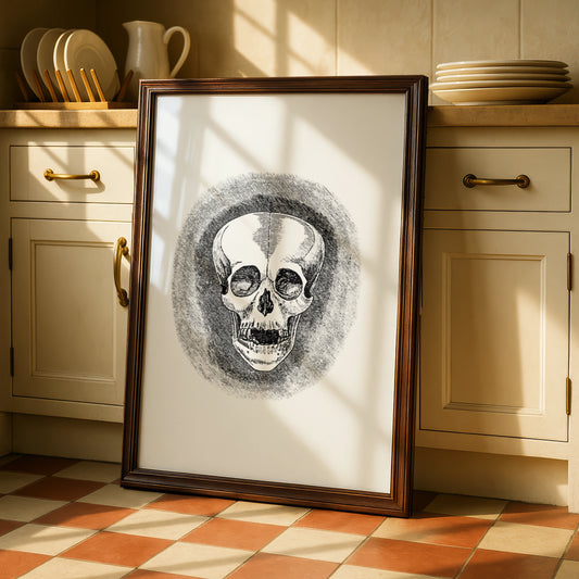 Halloween Skull Poster, Vintage Engraving Wall Art, Black White Gothic Print, Spooky Skull Decor