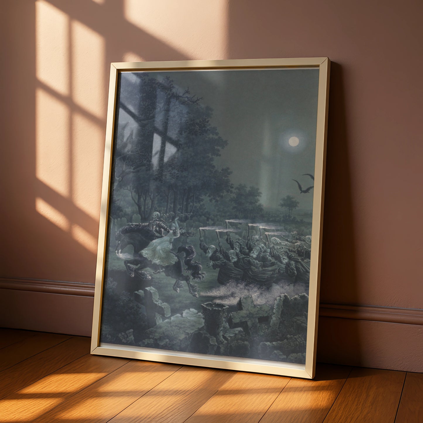 Halloween Skeleton Horseman Graveyard Poster, Gothic Horror Wall Art, Dark Moonlit Cemetery Print