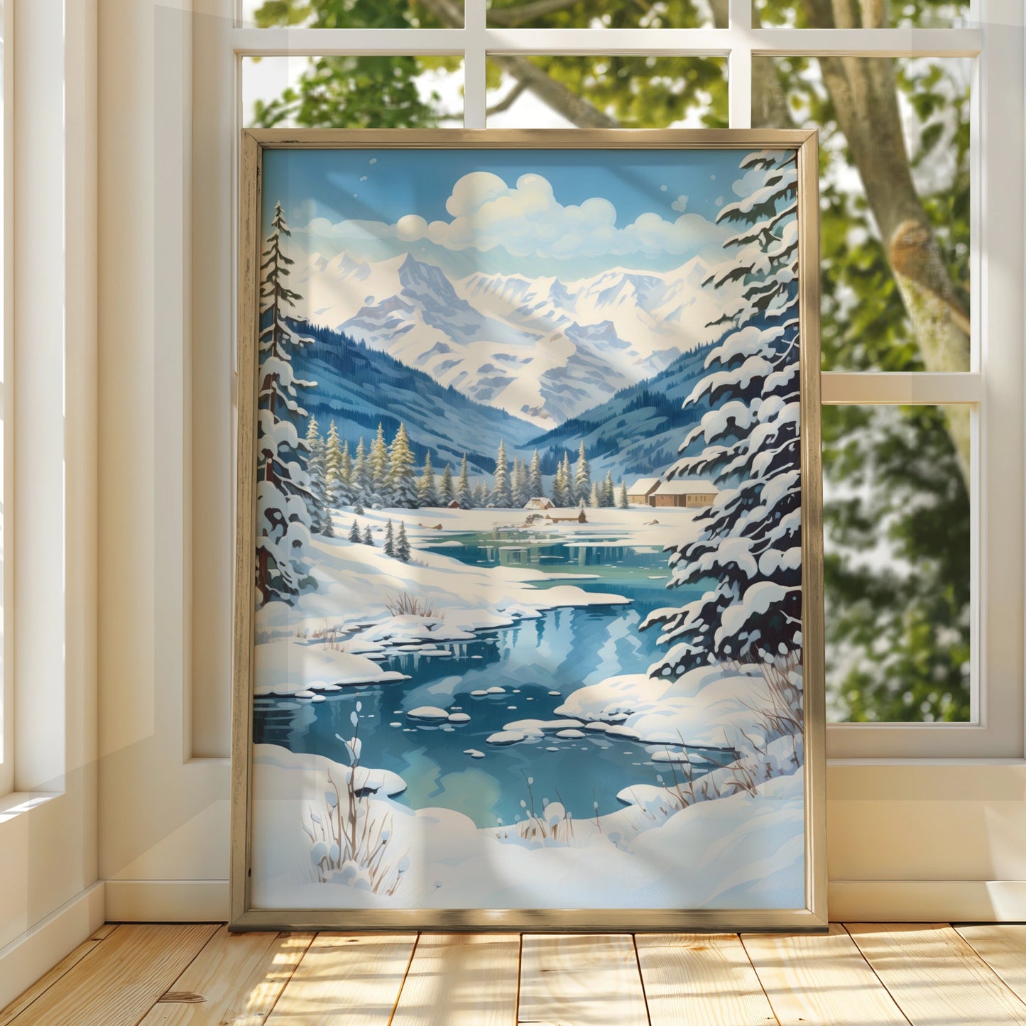 Christmas Winter Landscape Poster, Snowy Mountain Scene, Blue Festive Wall Art Print