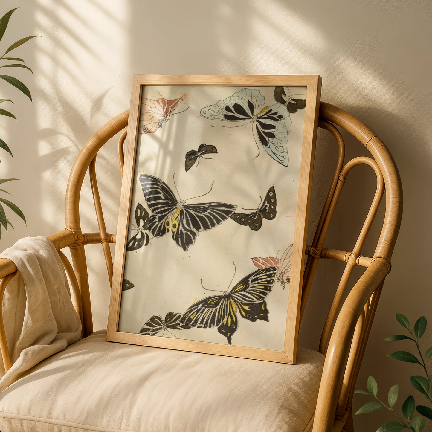 Japanese Butterfly Woodblock Wall Art, Vintage Bijutsukai 1901 Japandi Poster Print – A5 White frame