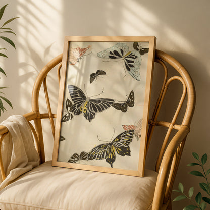 Japanese Butterfly Woodblock Wall Art, Vintage Bijutsukai 1901 Japandi Poster Print – A5 White frame