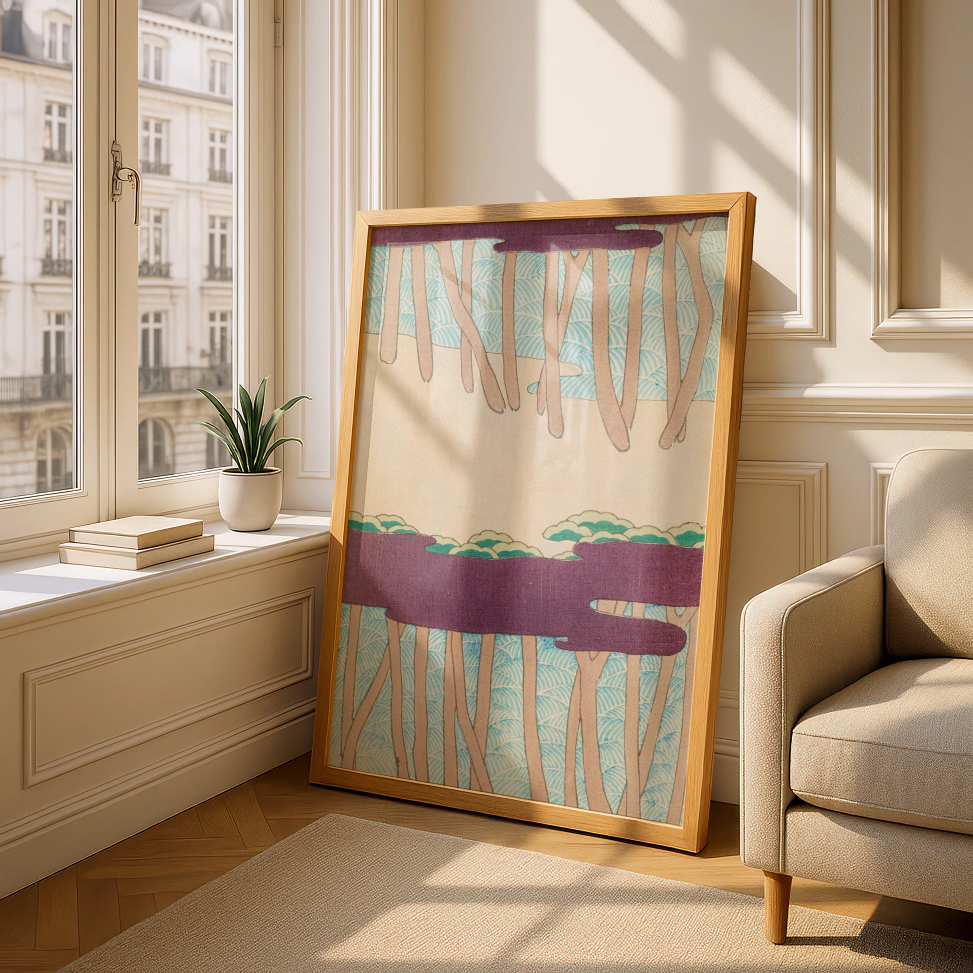 Japanese Woodblock Wall Art, Vintage Pine Tree Print, Bijutsukai 1901, Japandi Poster – A5 Oak frame