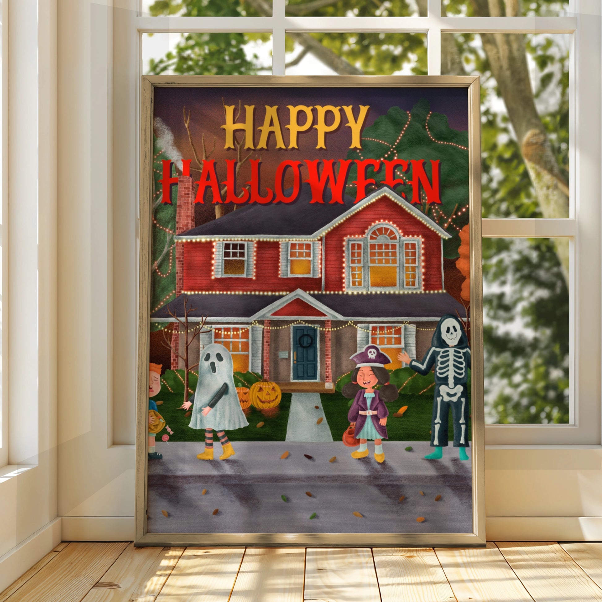 Happy Halloween Trick or Treat Poster, Kids Costume Wall Art, Spooky Neighbourhood Print