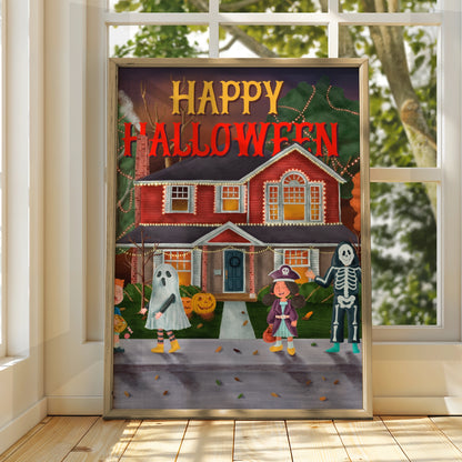 Happy Halloween Trick or Treat Poster, Kids Costume Wall Art, Spooky Neighbourhood Print
