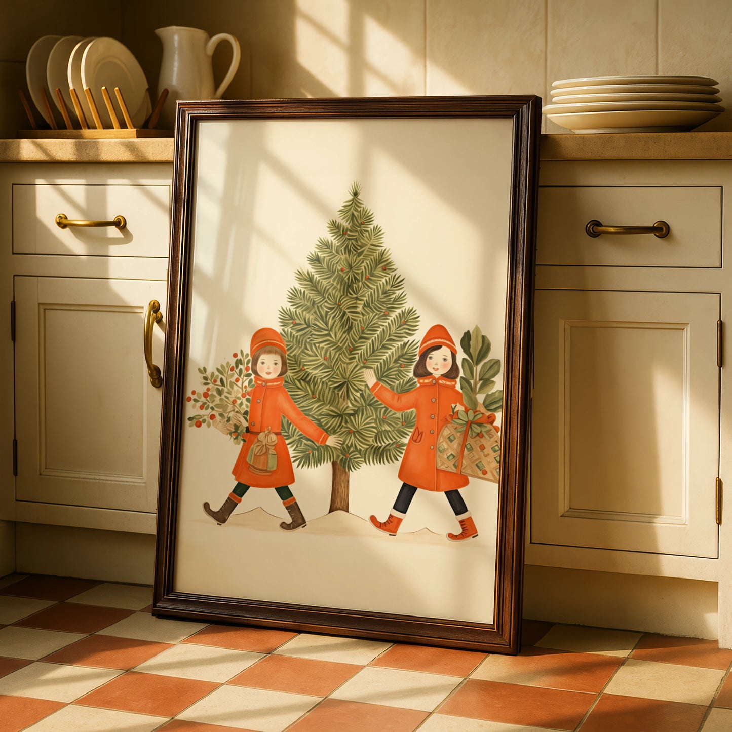 Vintage Christmas Poster, Retro Girls Christmas Tree Print, Festive Holiday Wall Art