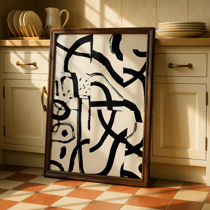 Abstract Brush Stroke Wall Art, Monochrome Black Cream Modern Print, Gallery Wall Poster