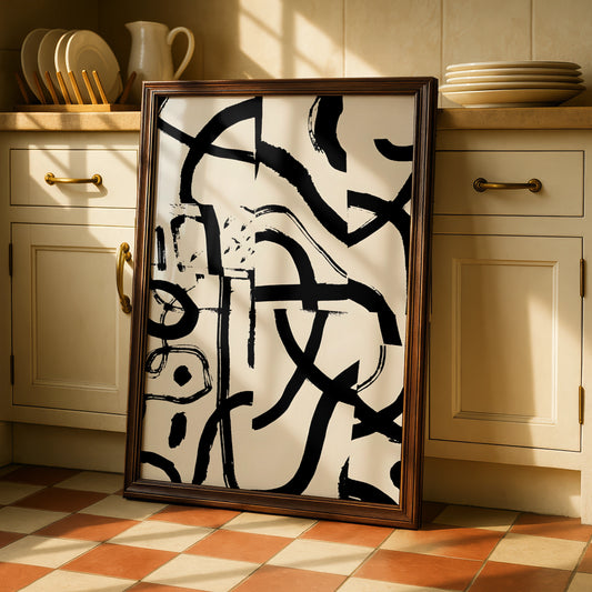 Abstract Brush Stroke Wall Art, Monochrome Black Cream Modern Print, Gallery Wall Poster