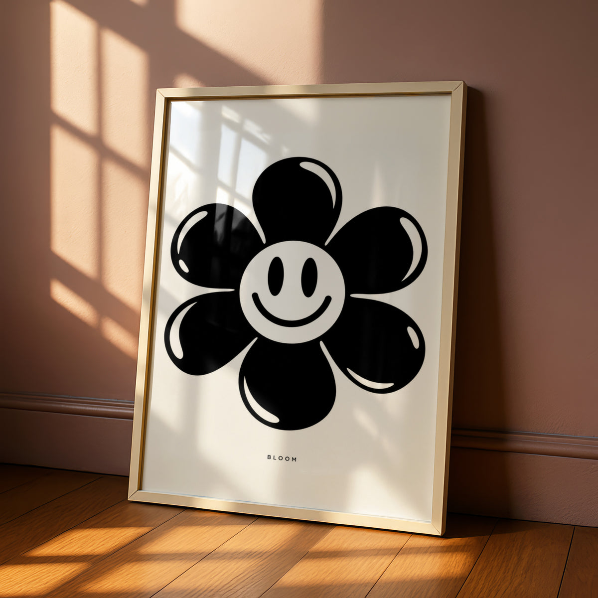 Bloom Smiley Flower Print, Monochrome Wall Art, Black and White Retro Floral Poster