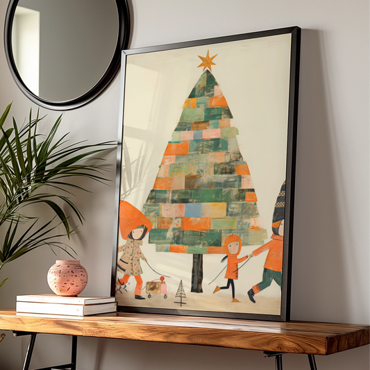 Christmas Tree Poster, Colourful Collage Kids Festive Wall Art, Retro Xmas Print