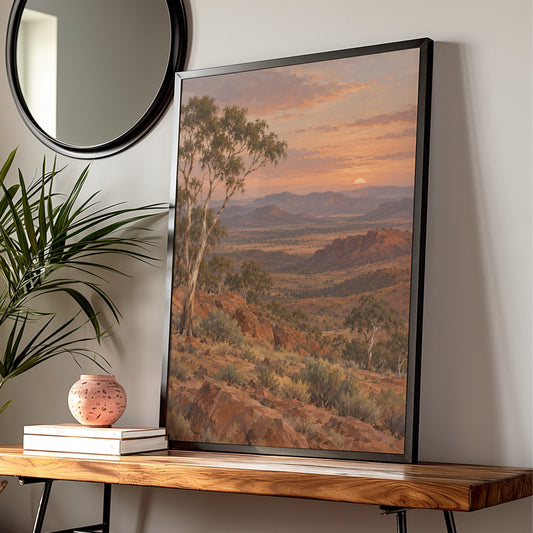 Australian Outback Sunset Print, Red Earth Landscape, Eucalyptus Wall Art, Painted Style — Digital Download