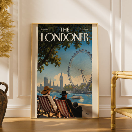 London Eye Poster, Vintage London Wall Art Print, Magazine Cover Style, Thames Riverside Deckchairs