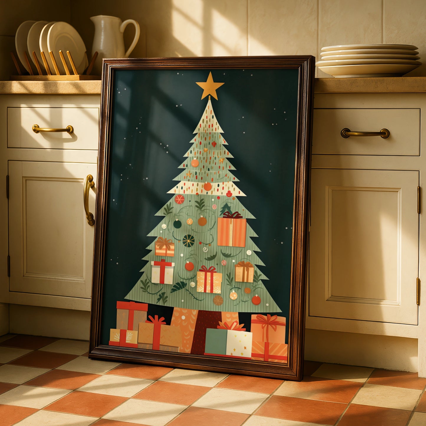 Christmas Tree Poster, Festive Gift Wall Art, Retro Xmas Print, Green Red Holiday Home Decor