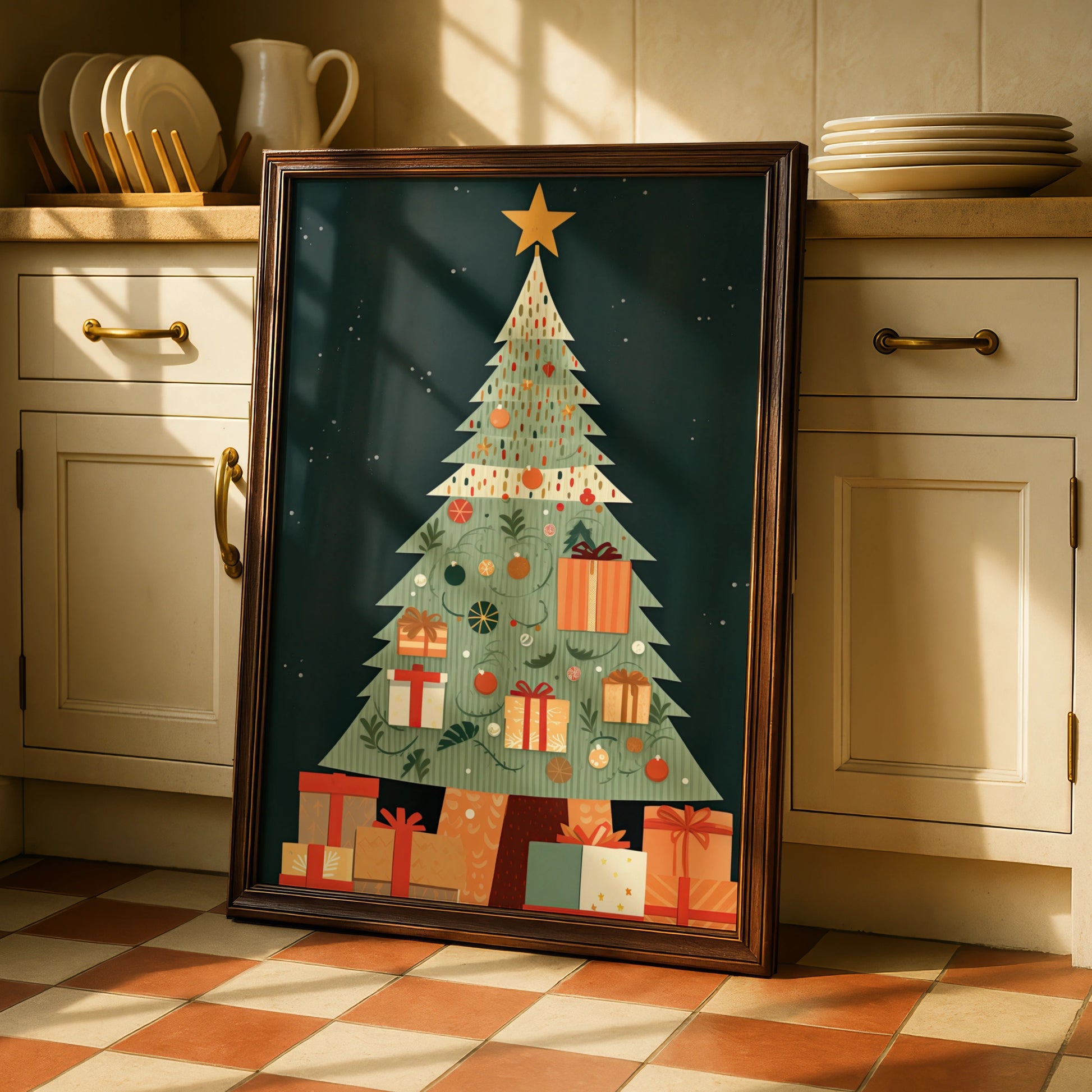 Christmas Tree Poster, Festive Gift Wall Art, Retro Xmas Print, Green Red Holiday Home Decor