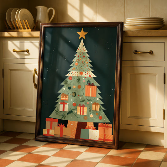 Christmas Tree Poster, Festive Gift Wall Art, Retro Xmas Print, Green Red Holiday Home Decor