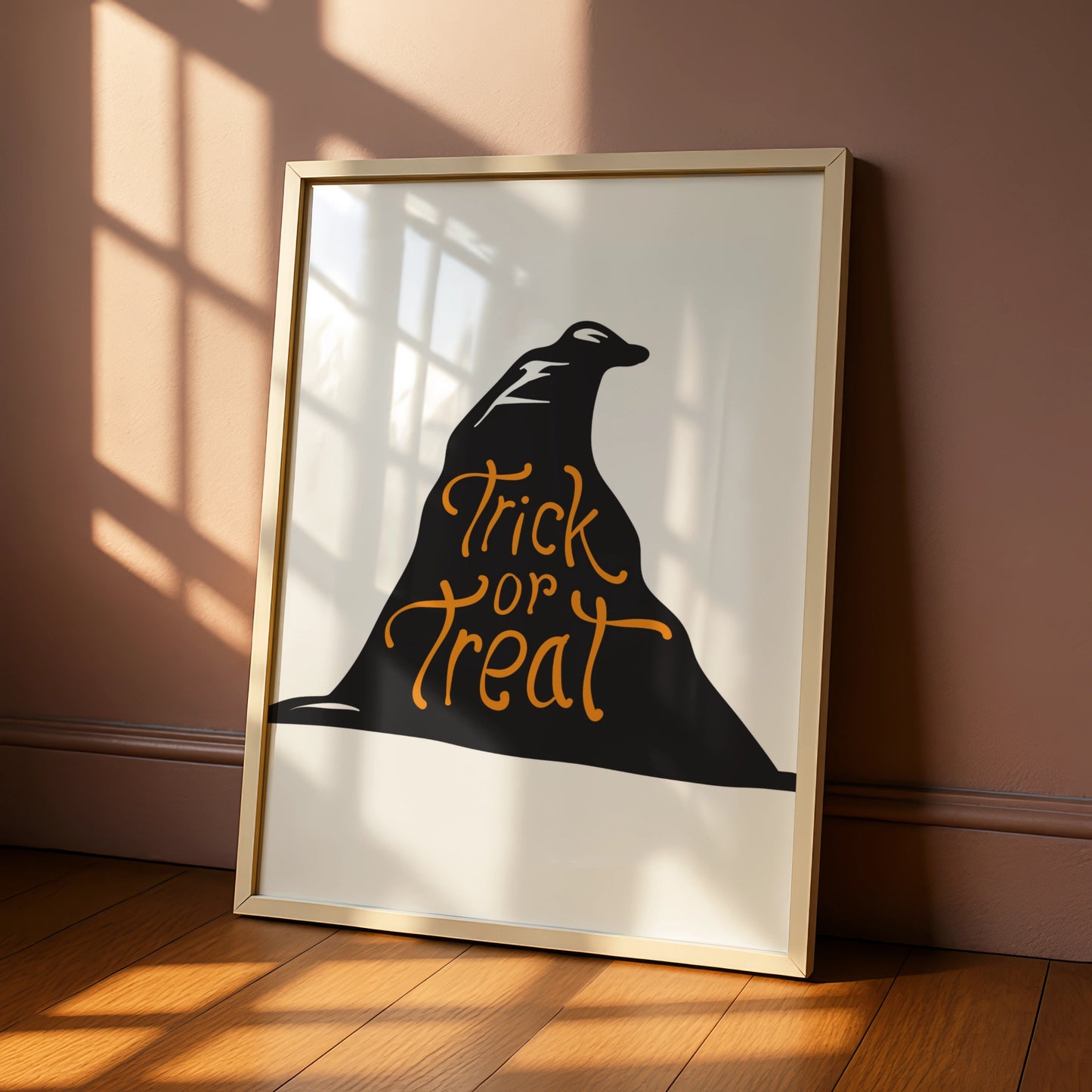 Trick or Treat Halloween Poster, Witch Hat Wall Art, Black Orange Spooky Print