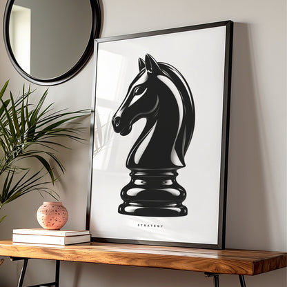 Chess Knight Strategy Print, Monochrome Wall Art, Black and White Minimalist Poster