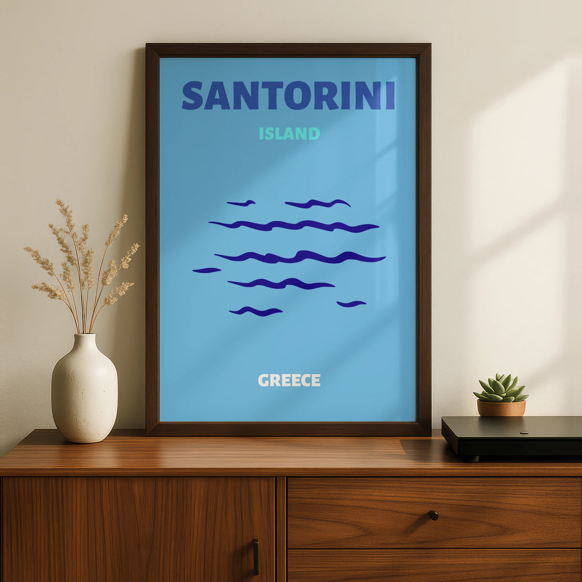 Santorini Island Greece Travel Poster, Greek Islands Wall Art, Retro Blue Print