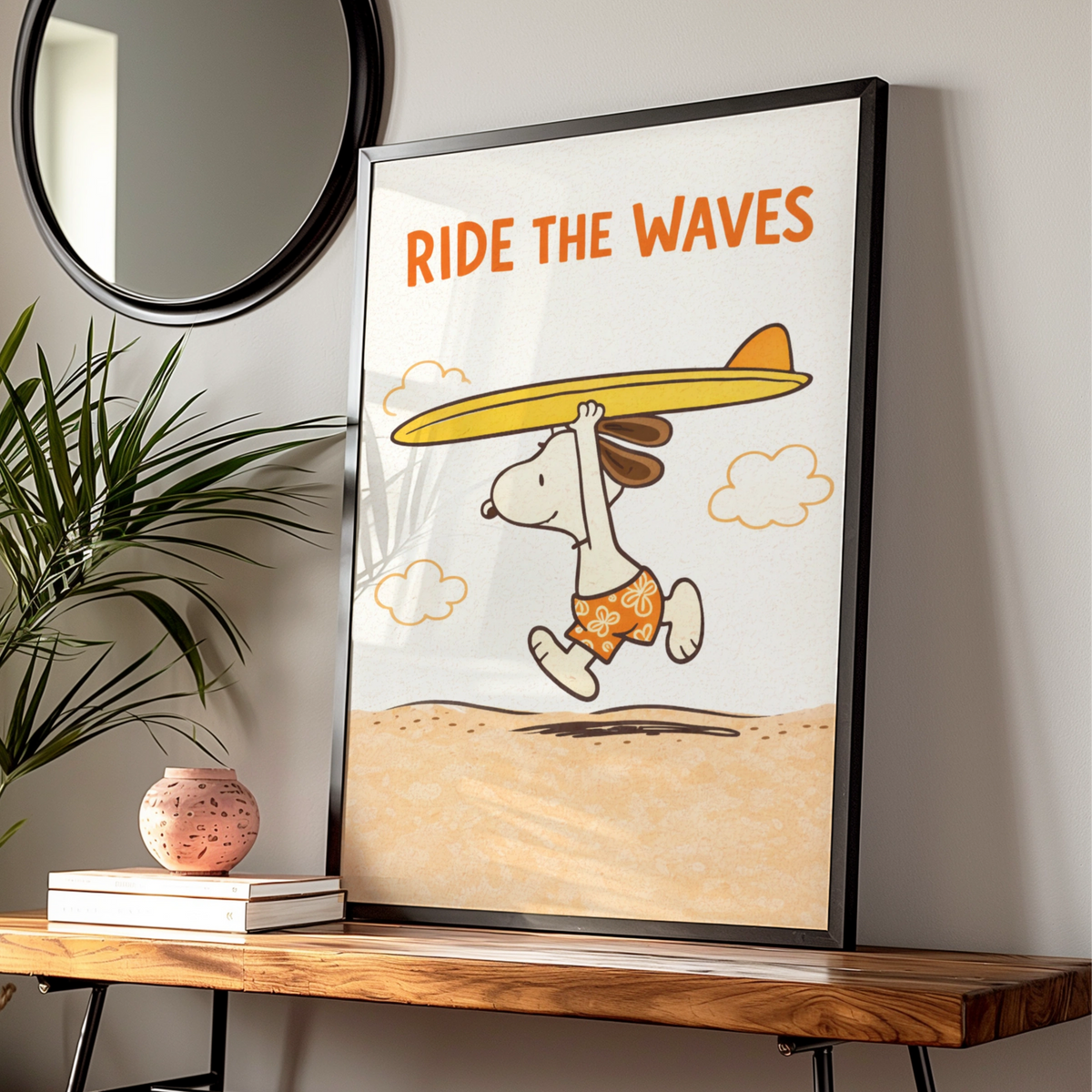 Surfing Dog Cartoon Poster, Ride The Waves Funny Beach Print, Quirky Wall Art