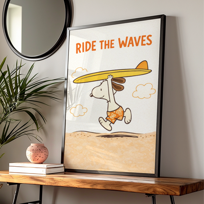 Surfing Dog Cartoon Poster, Ride The Waves Funny Beach Print, Quirky Wall Art