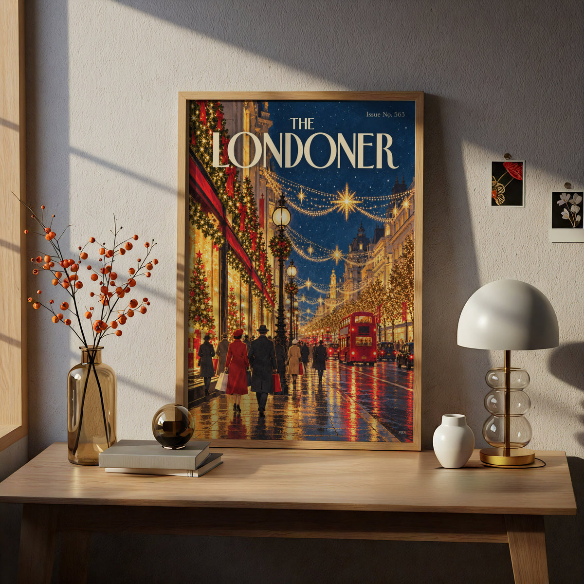 London Christmas Poster, Festive Street Wall Art, Red Double Decker Bus Print, Vintage Magazine