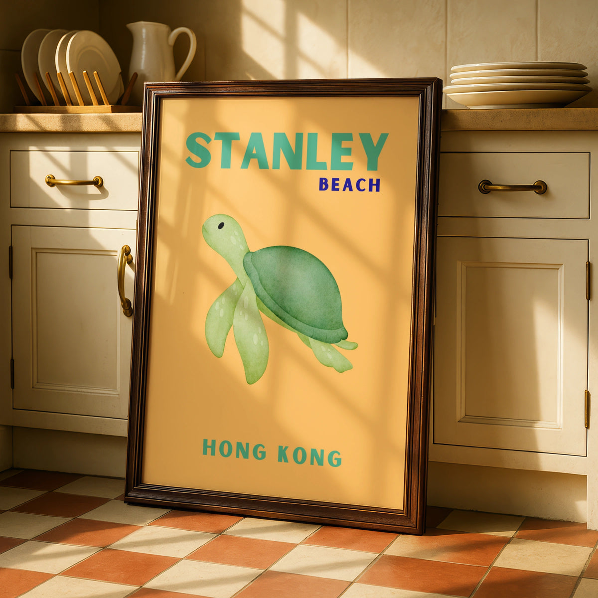 Stanley Beach Hong Kong Travel Poster, Sea Turtle Wall Art, Retro Coastal Print