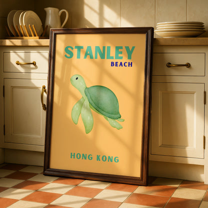 Stanley Beach Hong Kong Travel Poster, Sea Turtle Wall Art, Retro Coastal Print