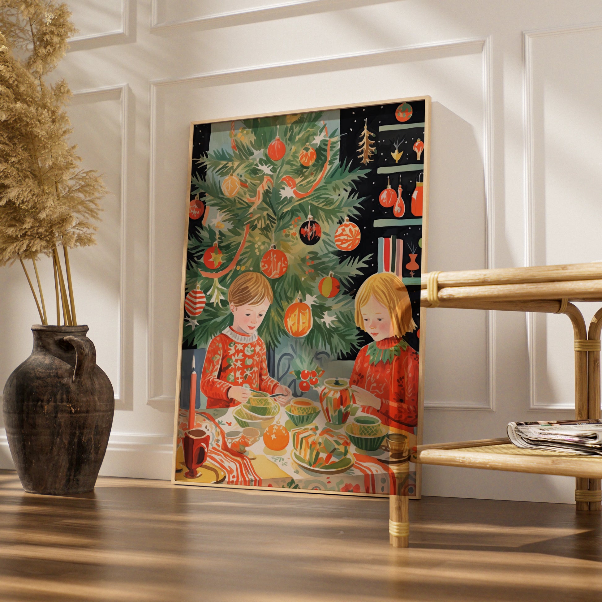 Christmas Dinner Poster, Festive Children Holiday Wall Art, Retro Xmas Tree Print, Kids Room Decor