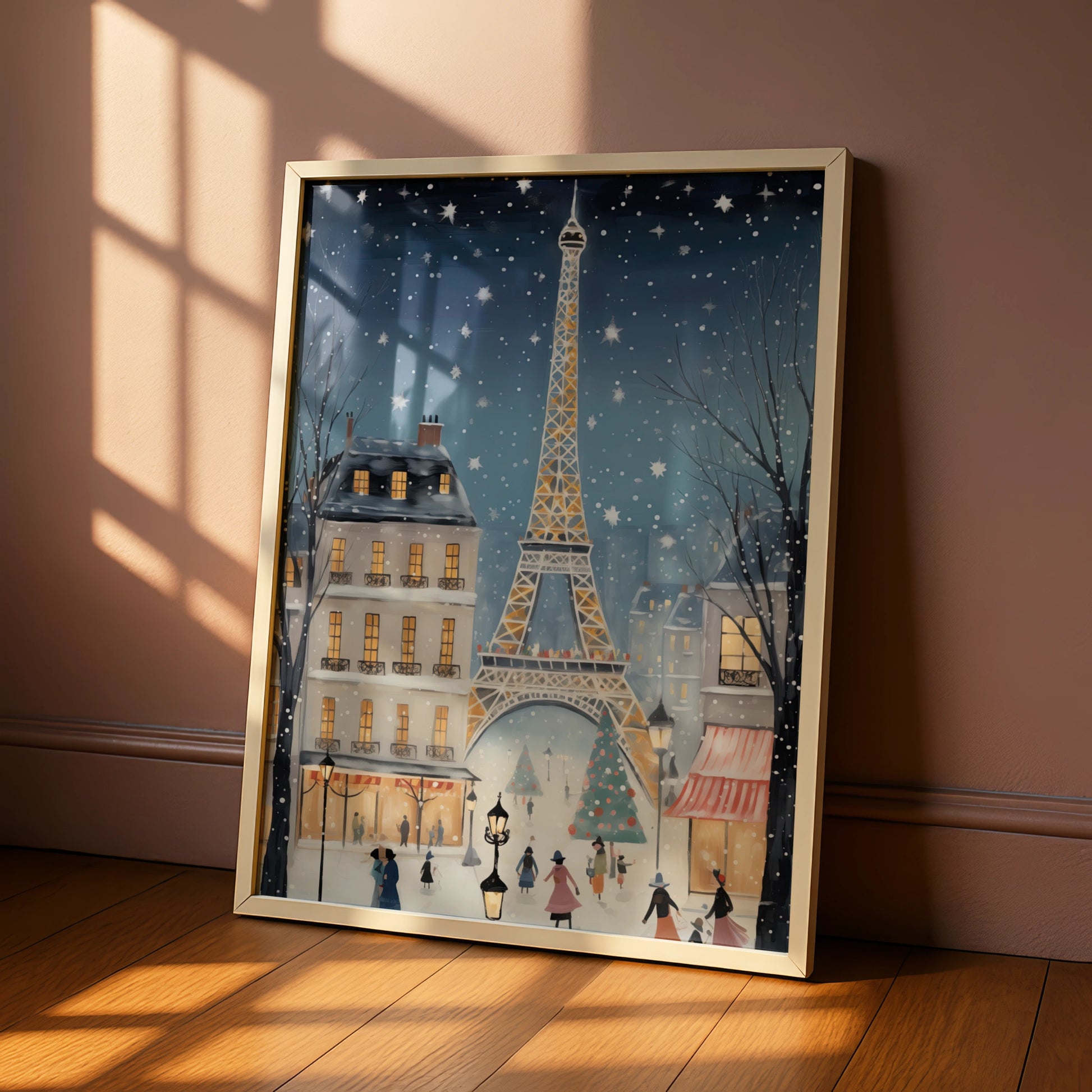 Paris Christmas Poster, Eiffel Tower Winter Snow Wall Art, Festive French Holiday Print