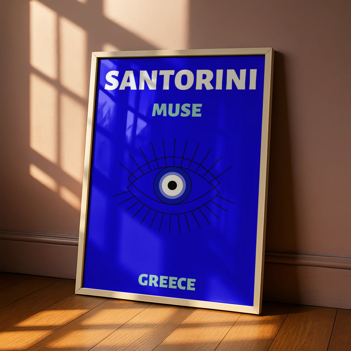 Santorini Greece Travel Poster, Evil Eye Wall Art, Greek Island Retro Print