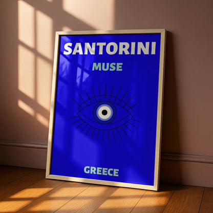 Santorini Greece Travel Poster, Evil Eye Wall Art, Greek Island Retro Print