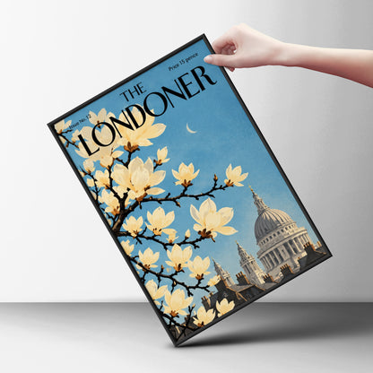 London Magnolia Blossom Poster, St Paul's Cathedral Wall Art, Vintage Magazine Cover Print