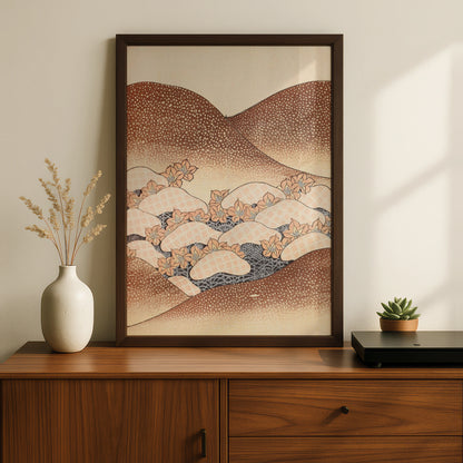 Japanese Botanical Print, Vintage Woodblock Wall Art, Floral Japandi Poster, Terracotta Waves – A5 Black frame