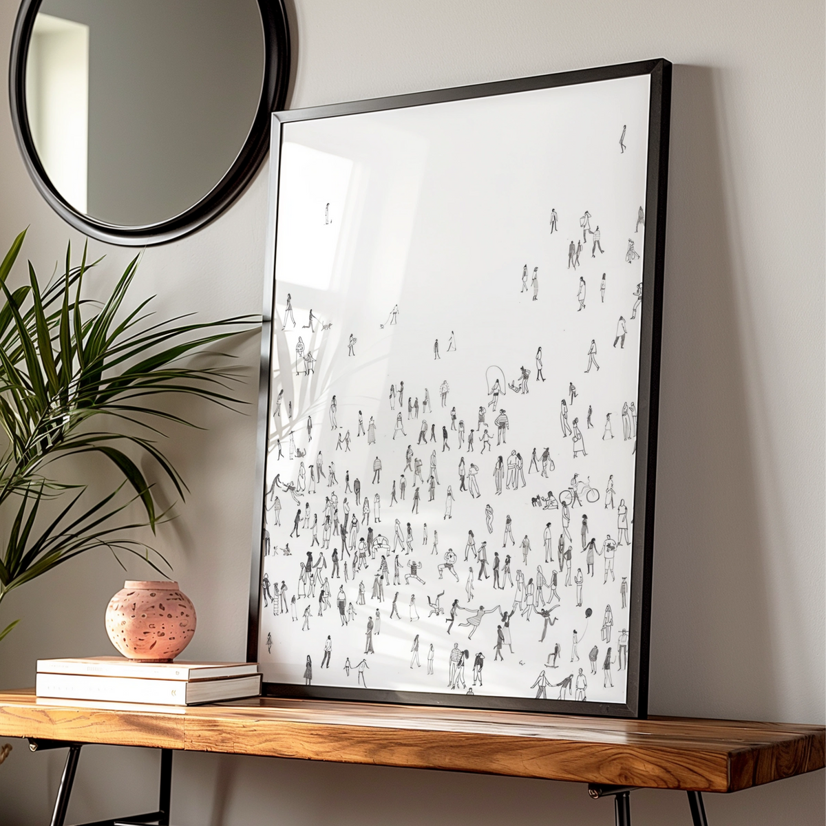 Crowd of People Illustration, Monochrome Wall Art, Minimalist Print, Modern Black and White Poster