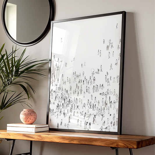 Crowd of People Illustration, Monochrome Wall Art, Minimalist Print, Modern Black and White Poster