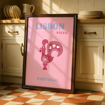 Lisbon Portugal Travel Poster, Retro Wall Art, Pink Rooster Print, Iberian Decor