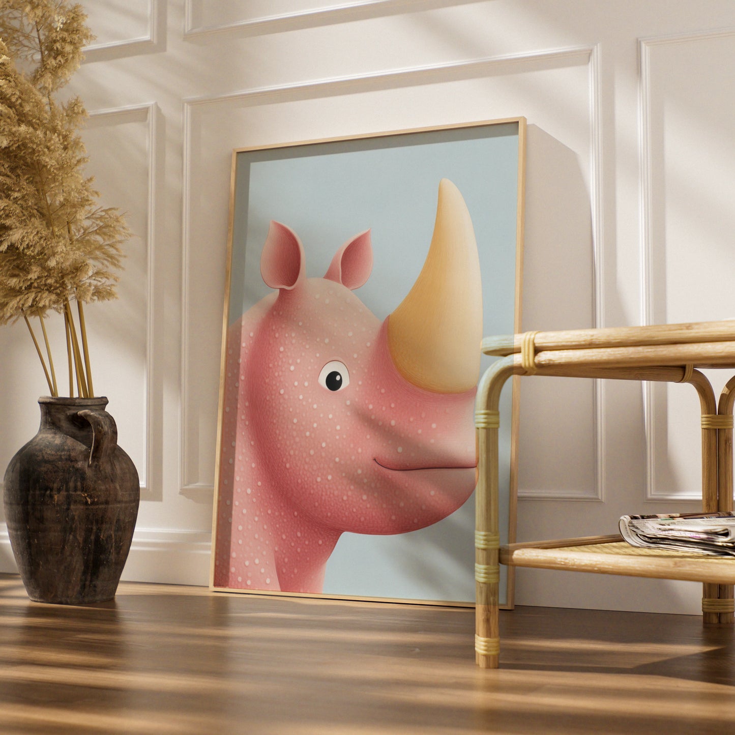 Cute Rhino Nursery Wall Art, Baby Animal Poster, Pink Rhinoceros Print for Kids Room