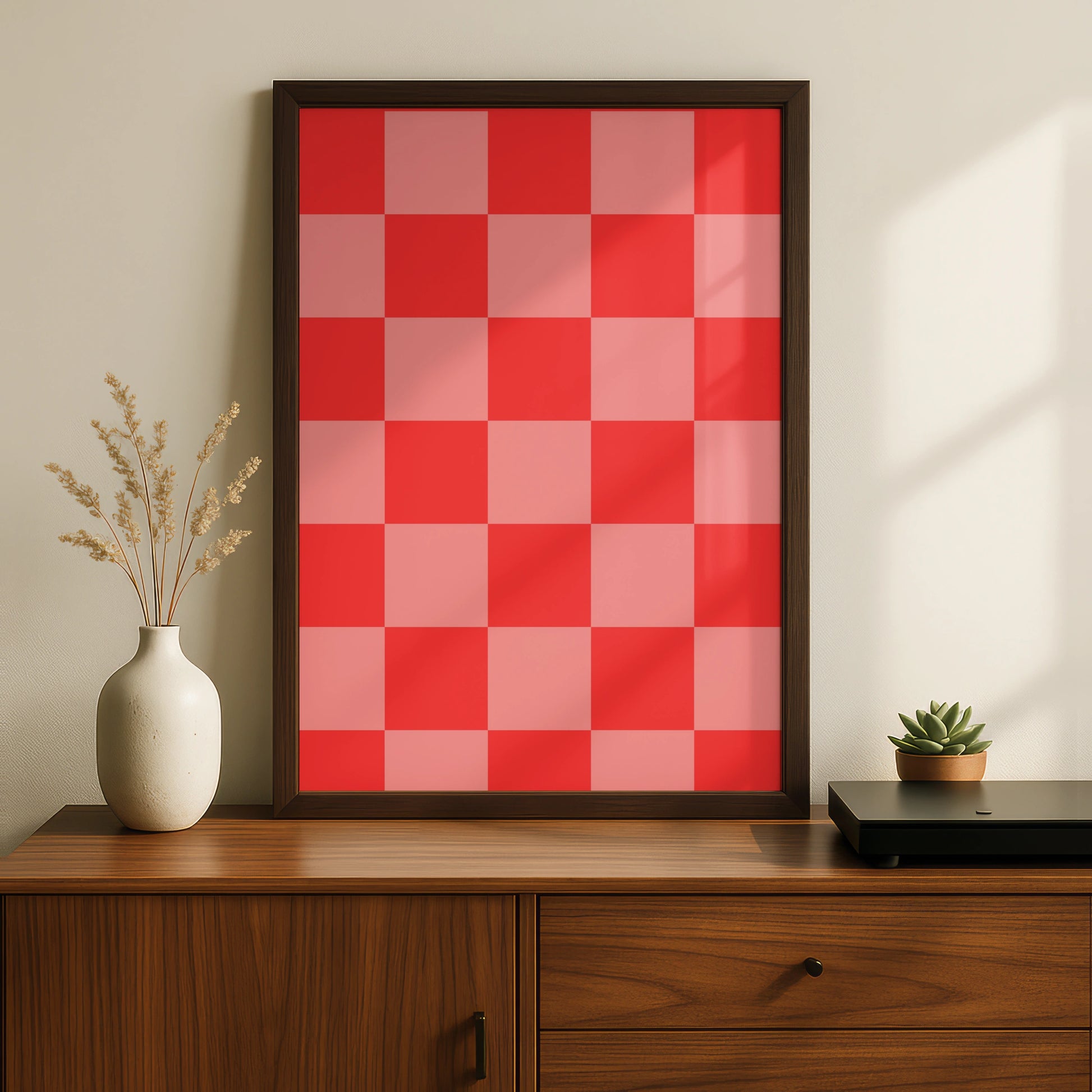 Red Checkerboard Maximalist Poster, Bold Geometric Wall Art, Modern Grid Print