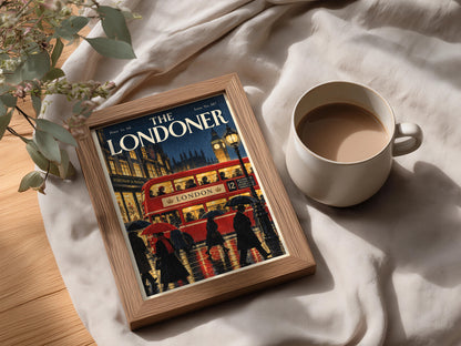 Vintage London Red Bus Poster, Big Ben Wall Art, Retro Magazine Cover Art Print, Rainy Night Scene