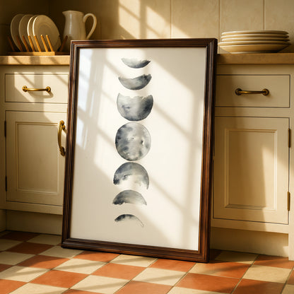 Moon Phases Watercolour Print, Monochrome Wall Art, Minimalist Lunar Poster, Modern Grey Decor