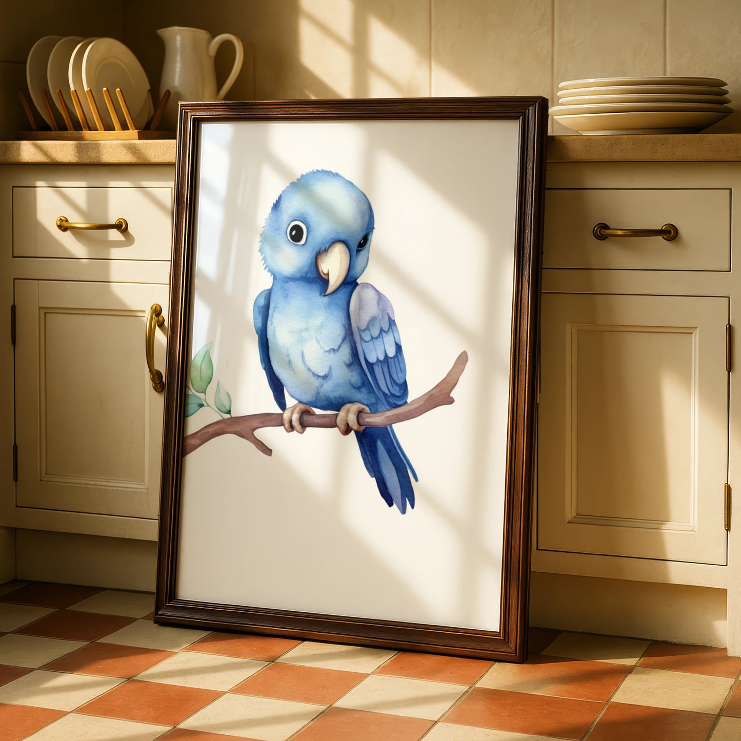Blue Parrot Nursery Wall Art, Watercolour Bird Print, Baby Boy Room Poster Decor