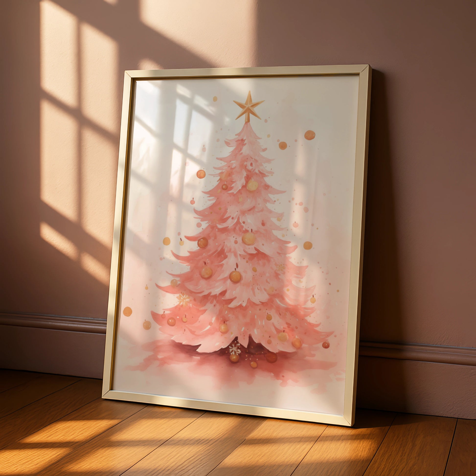 Pink Christmas Tree Poster, Watercolour Xmas Wall Art, Gold Star Festive Print