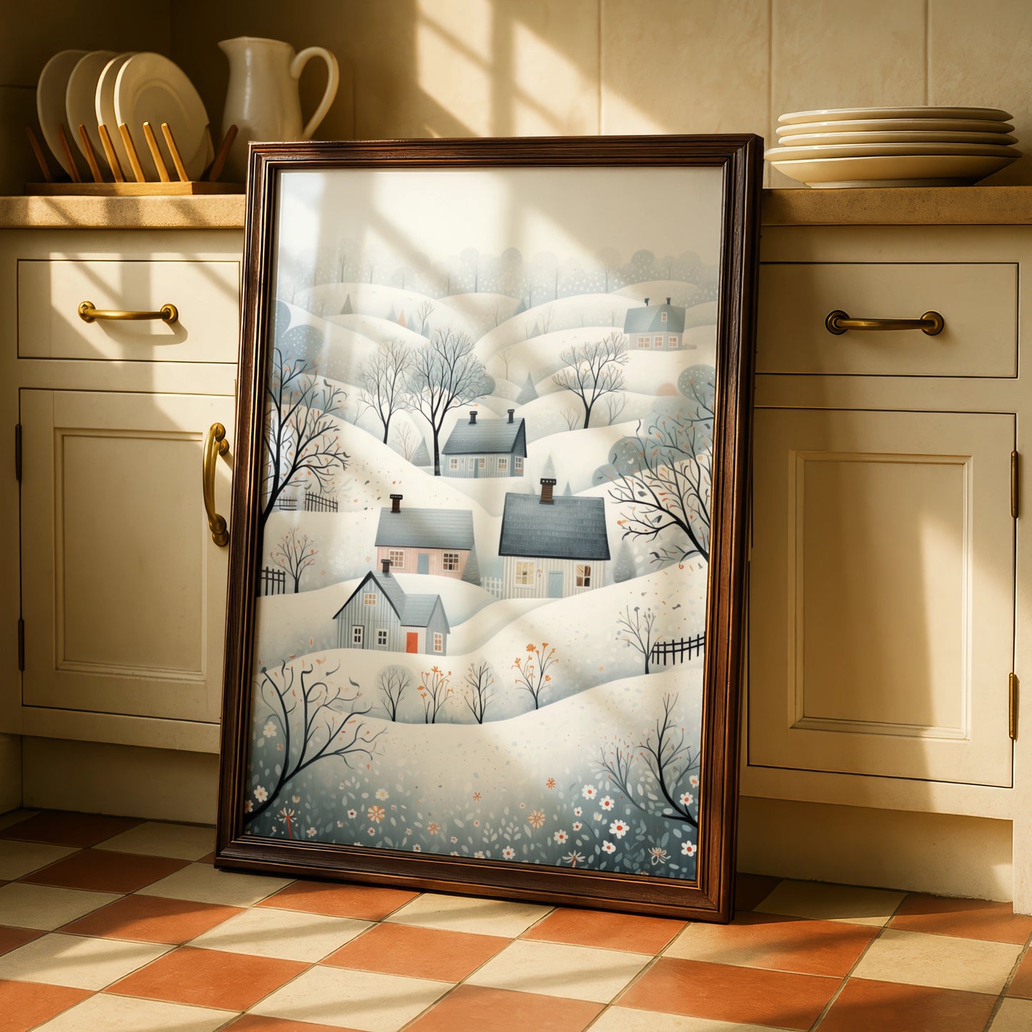 Christmas Winter Village Poster, Snowy Scandinavian Landscape, Festive Wall Art Print