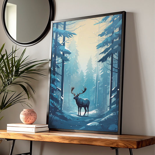 Christmas Stag Poster, Winter Forest Wall Art, Blue Snow Deer Print, Festive Holiday Decor