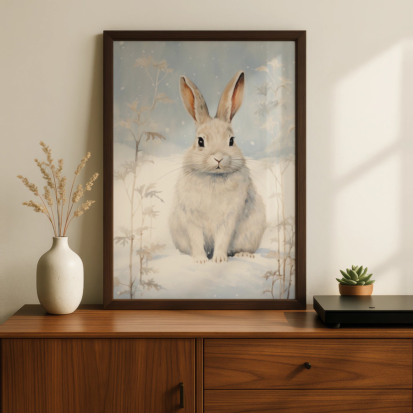 Christmas Rabbit Poster, Winter Snow Bunny Wall Art, Festive Nordic Animal Print, Cosy Holiday Decor