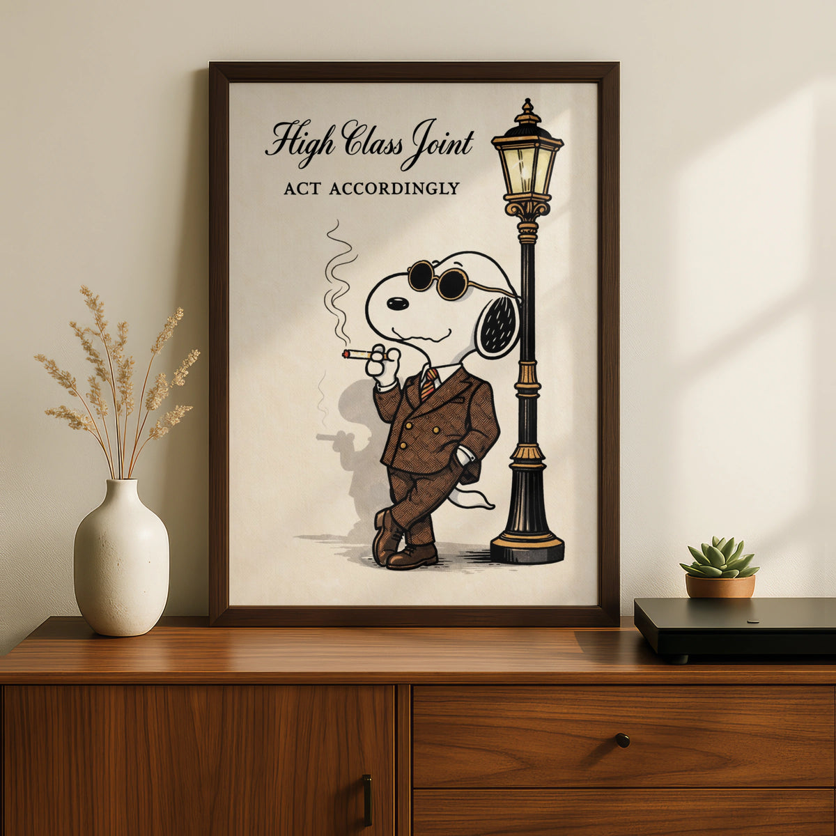 High Class Joint Cartoon Dog Poster, Dapper Suit Funny Wall Art, Quirky Retro Print