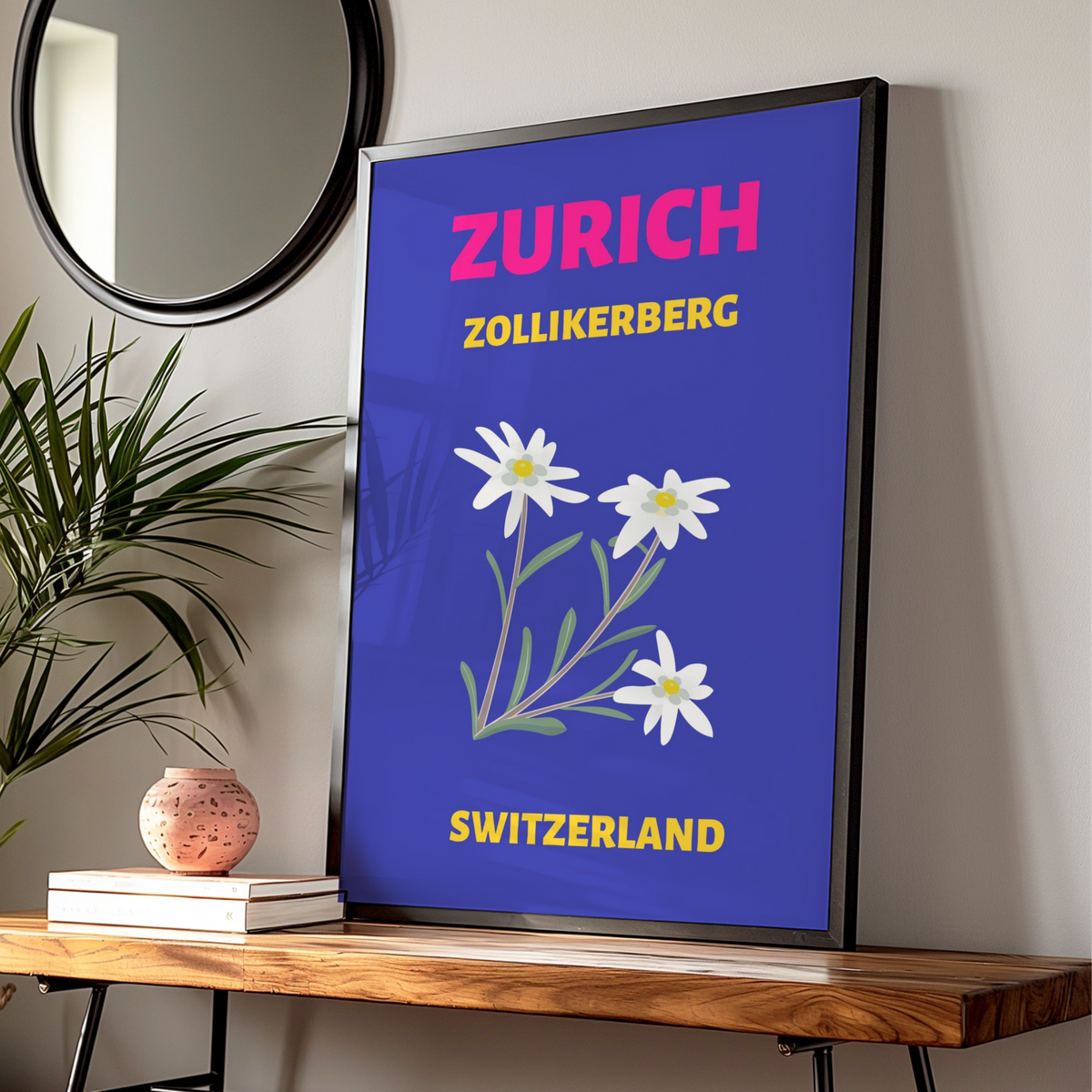 Zurich Switzerland Travel Poster, Zollikerberg Edelweiss Retro Wall Art Print