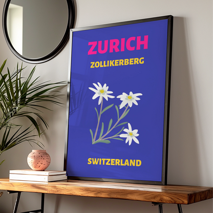Zurich Switzerland Travel Poster, Zollikerberg Edelweiss Retro Wall Art Print